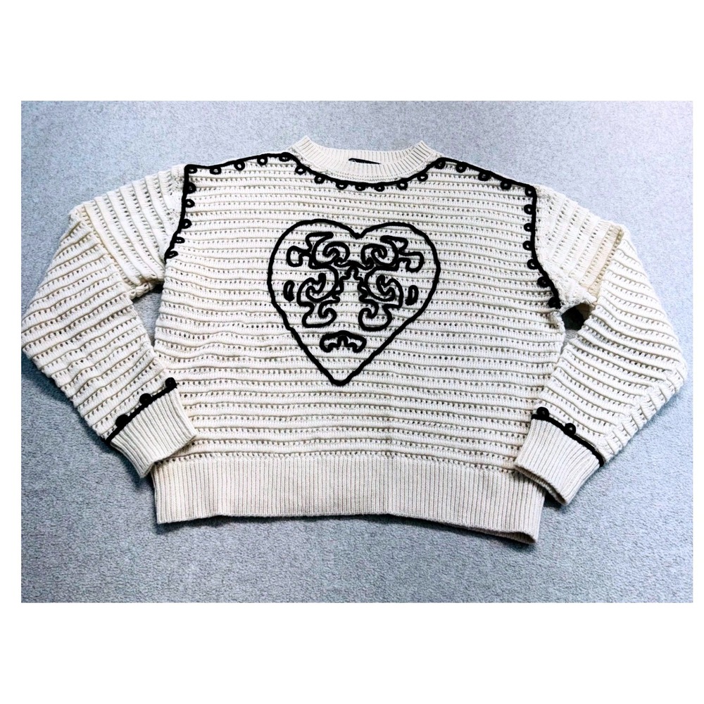 On 12th Sweater Women M Cream Black Soutache Heart Embroidery Open Knit Pullover